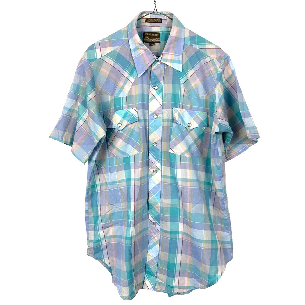 Vintage 80s Plainsman Blue Purple Plaid Western Pearl Snap Short Sleeve Shirt L